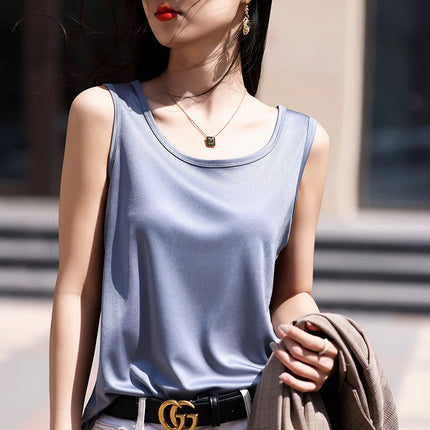 High-End Acetate Fiber Women's Knitted T-shirt with Suspender European Fashion Style Popular Women's Top