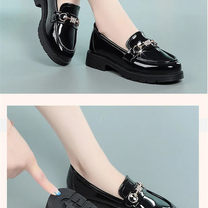 Women's Mary Jane Platform Shoes Round Head Spring New Metal Chain Casual Soft Patent Leather Slip on Loafers Office Size 35-41