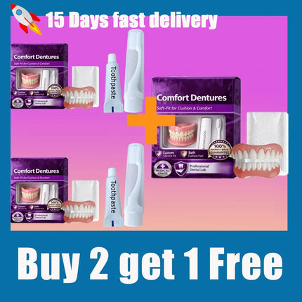 Moldable Silicone False Teeth for Men & Women, Upper Lower Set Fix Smile Fast, Free Denture Toothpaste & Toothbrush Included