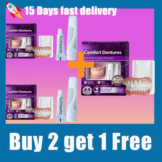 Moldable Silicone False Teeth for Men & Women, Upper Lower Set Fix Smile Fast, Free Denture Toothpaste & Toothbrush Included
