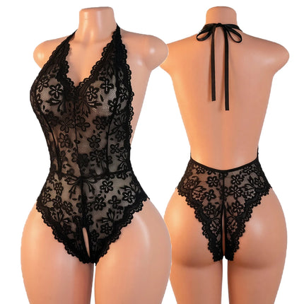 Women Sexy Lace Teddy Bodysuit Halter Neck Crotchless Lingerie Erotic Sheer Floral One Piece Exotic Underwear Sleepwear