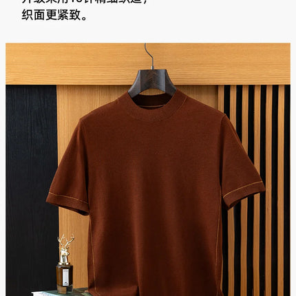 2026 Spring/Summer New Men's Short Sleeved 100% Wool T-Shirt Sweater O-neck Solid Color Loose Knit Pullover Business Casual Tops