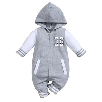 IURNXB Baby Romper Grey Longsleeve Newborn Hooded Baseball Clothes 36 Classic Sport Typography Jersey Kids Infant Jumpsuit 0-18M