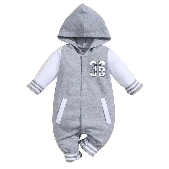 IURNXB Baby Romper Grey Long-sleeve Newborn Hooded Baseball Clothes 36 Classic Sport Typography Jersey Kids Infant Jumpsuit 0-18M