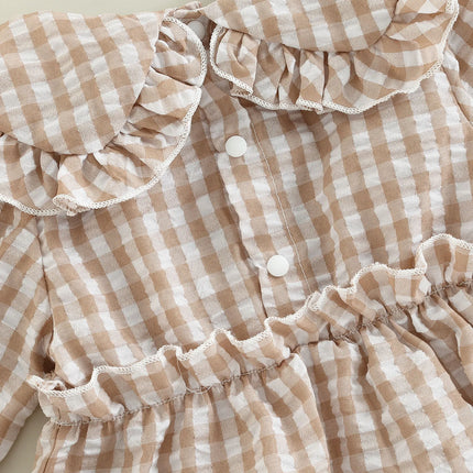 2Pcs Infant Baby Girl Spring Autumn Outfit, Plaid Doll Collar Long Sleeve Ruffle Romper + Hairband Set for Infants, 0-18 Months