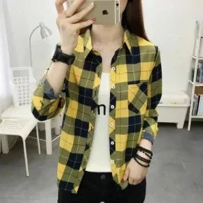 2024Spring and Autumn New College Style Women's Long sleeved Bottom Top Cardigan Long sleeved Fashion Plaid Shirt