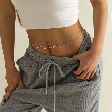 Sexy and Minimalist Imitation Pearl Chain Metal Waist Chain Mixed and Stacked Fashion Girl Beaded Woven Body Chain Belly Chain