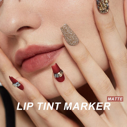 Lip Tint Pen, 6 Colors Available, Matte Water Lipstick, Non-Stick Cup, Long-Lasting, Smooth Lip Liner and Lip Stain Combo
