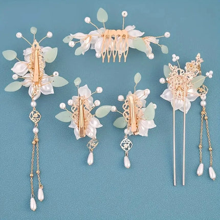 5-piece set featuring vintage floral and tassel designs, handmade Hanfu hair accessories, elegant classical style artificial flo