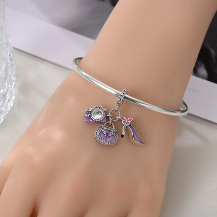 925 Sterling Silver Inlaid Heart-Shaped Beads & Rose Dangle Charm Fits Snake Bracelet Boutique Necklace Purple Pendant Gift