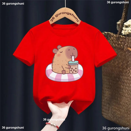 Funny T-Shirt Capybara With Turtle Loves Bubble Milk Tea Printed T-Shirt Girls/Boys Kawaii Kids Clothes Harajuku Shirt Tops