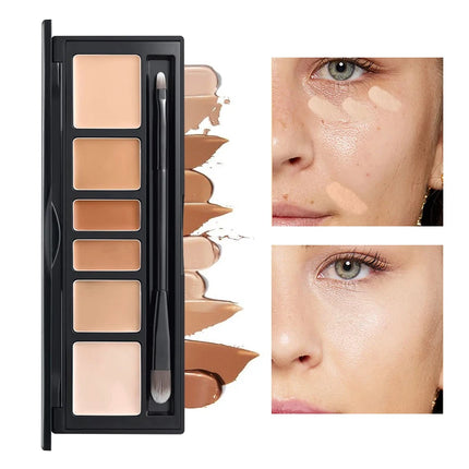 6-color concealer palette with brush,long-lasting concealer, waterproof full coverage concealers,Corrects Dark Circles,Red Marks