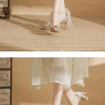 Spring Pointed Toe Party Wedding Shoes for Women, Bride Bow Thick Heel Silver Sequin Fairy Lolita Style Single Shoes