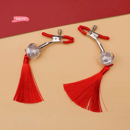 1 Pair Metal Bells Nipple Clamps with Tassel Nipple Ring for Flirting Teasing Exotic Breast Enlargement Accessory