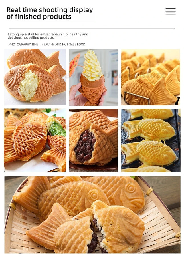 LX Taiyaki Maker Fish Waffle Machine Fish Cake Baking Machine 3 Pcs Fish Ice Cream Waffle Maker 1500W Non-stick Pan Gas/Electric