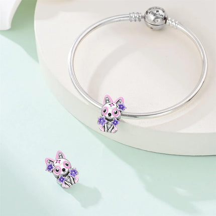 925 Sterling Silver Inlaid Heart-Shaped Beads & Rose Dangle Charm Fits Snake Bracelet Boutique Necklace Purple Pendant Gift