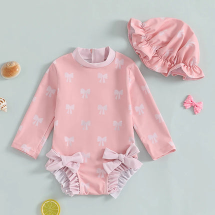 0-3Y Kids Baby Girl Rash Guard Swimsuits Lovely Bow Print Long Sleeve Ruffled Trim Romper Bathing Suit Infants Swimwear with Cap