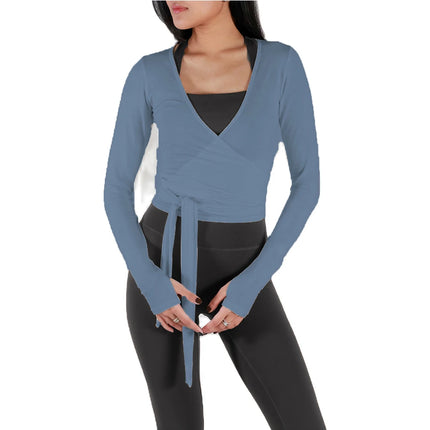 Women Sexy Wrap Crop Tops Tees Long Sleeve Deep V Neck Tie Workout Ballet Pilates Yoga T-Shirts with Thumb Holes Cropped Tops