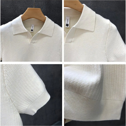 Men's Polo Neck Short Sleeve Knitted Sweater Slim Fit Summer Fashion Turn-down Collar Base Shirt Casual Style Pure Color