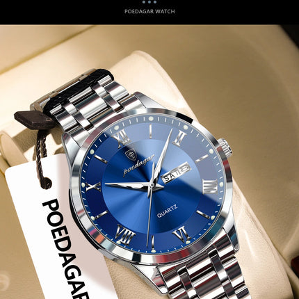POEDAGAR Luxury Man Clock Waterproof Luminous Week Date Fashion Men's Wristwatch Stainless Steel Business Quartz Watches For Men