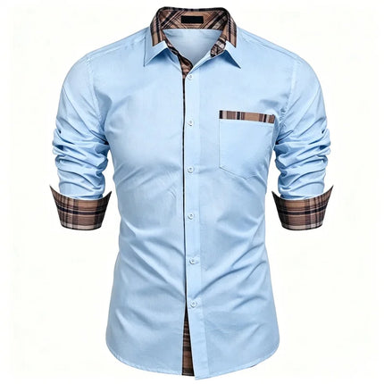 Men's shirt checkered contrasting long sleeved shirt, business casual button up shirt, personalized and trendy men's clothing