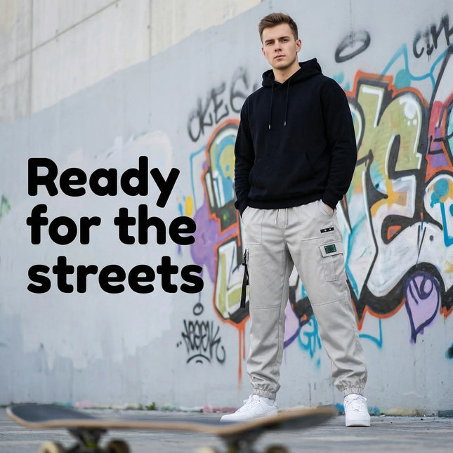 2026 New Men Streetwear Multi Pocket Decor Strap Cargo Joggers Elastic Waist Loose Ankle Lightweight Outdoor Casual Work Pants
