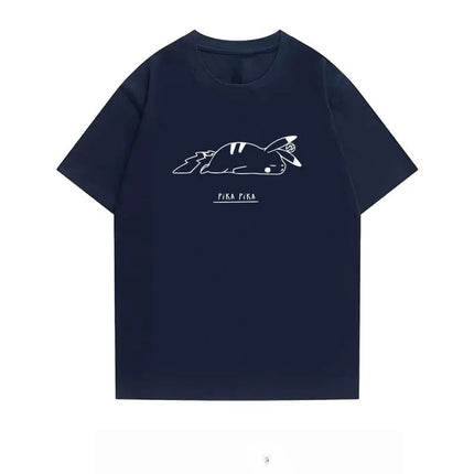 2026 Summer Pokemon Sleeping Pikachu Line Art Print T-Shirt, 100% Cotton Loose Casual Oversized Tee for Adults & Kids Y2k
