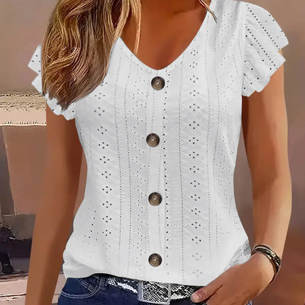 2025 Spring/Summer New Women's Fashion Stylish Commute Casual Solid Color Multi-Color Ruffle Sleeve V-Neck T-Shirt