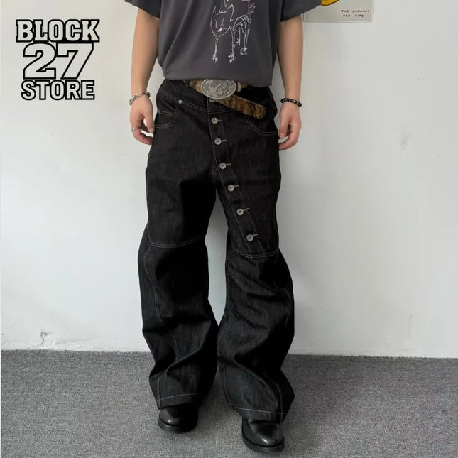 Y2K High Street Curved Leg Off Center Button Denim Jeans Unisex Baggy Flared Loose Streetwear Curved Fashion Trousers Harajuku