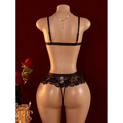 One-piece open bra and thong sets thin straps Lace brassiere Transparent G-string Lingerie Backless fancy No crotch Underwear