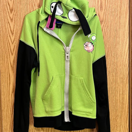 New Fashionable Cute Cartoon Pattern Zip Up Hoodie for Men Women Harajuku Green Patchwork Sweatshirt Y2K Hip Hop Casual Hoodie