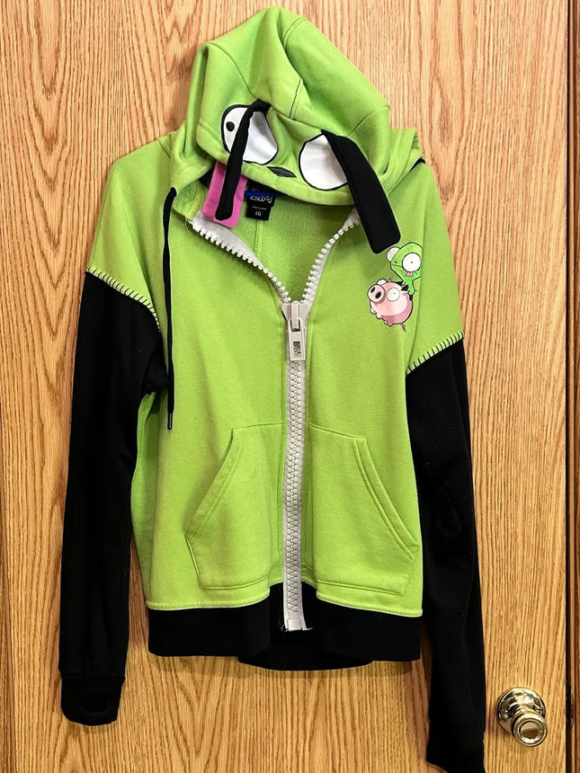 New Fashionable Cute Cartoon Pattern Zip Up Hoodie for Men Women Harajuku Green Patchwork Sweatshirt Y2K Hip Hop Casual Hoodie