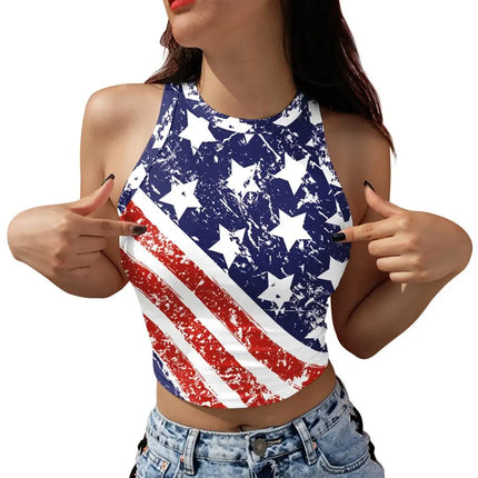 Nadanbao Women's Vest Summer Casual American Flag Tie Dyeing Cropped Tight Sleeveless T-Shirt Streetwear Crop Tops Y2K Tees