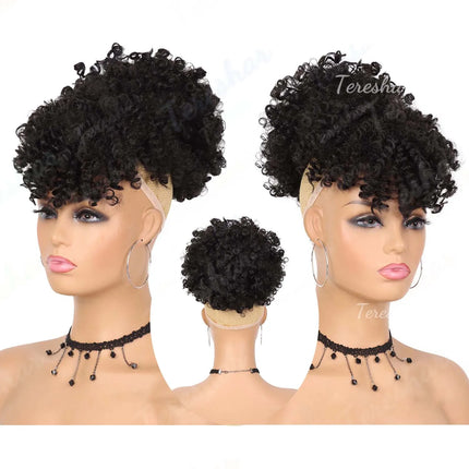 Synthetic Afro Puff Drawstring Ponytail with Bangs Pineapple Updo Hair for Black Women, Short Kinky Curly Ponytail Bun