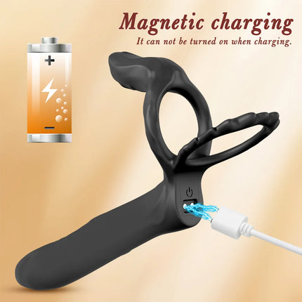 Double Penetration Vibrator for Men with Vibrating Cock Ring Strap on Penis Vagina Massage G Spot Dildo Sex Toys for Couples 18+