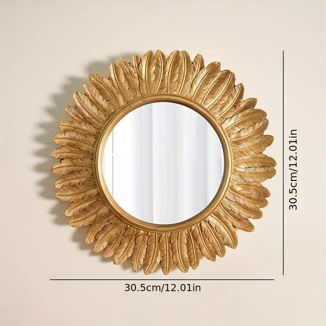 30.5cm Vintage Gold Feather Round Wall Mirror, Resin Sunburst Decorative Mirror for Living Room Bedroom Home Decor