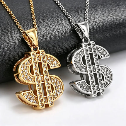 Bling Stainless Steel Dollar Sign Pendant Necklace for Women Men Punk Crystal Charms Chain Money Symbol Jewelry Accessories Gift