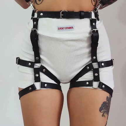 Sexy Women Leather Garter Belt Harness and Handcuffs Gothic Leg Harness Leather Accessories for Daily Couple Party Dating Use