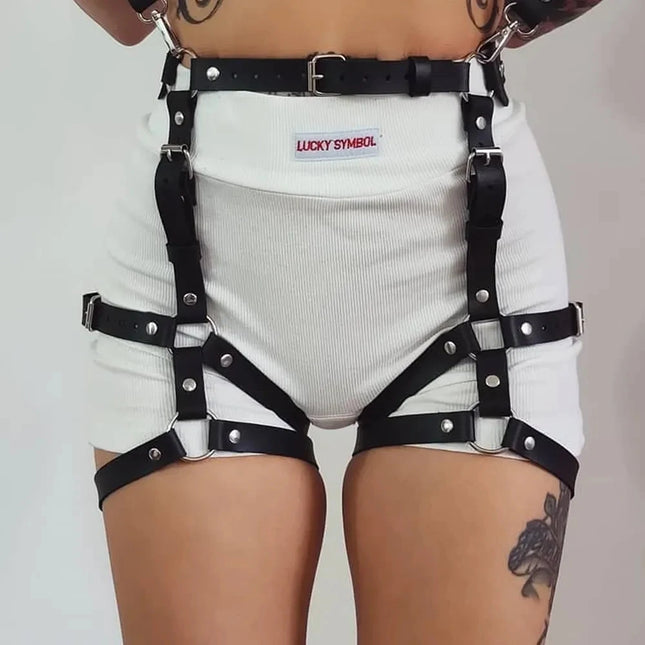 Sexy Women's Leather Garter Belt Harness and Handcuffs Gothic Leg Harness Leather Accessories for Daily Couple Party Dating Use
