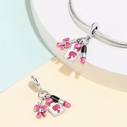 100% 925 Sterling Silver Fashion Pink Princess Skirt Bag Lipstick Charms Beads Fit Qikaola Original Bracelets DIY Jewelry Gifts