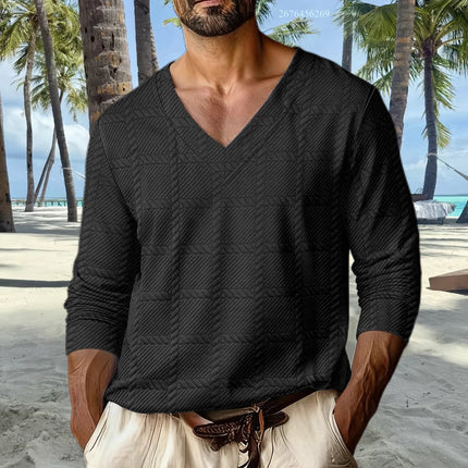 Men's V-neck casual sporty drop shoulder sleeve T-shirt, comfortable and stylish long sleeve T-shirt for everyday wear and vacat