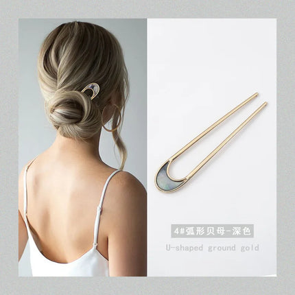 Hair Stick Alloy Bun Maker for Thick Hair Women 4-Prong U-Shape Quick Updo Tool Non-Slip Vintage Hairpin Boho Bridal Accessories