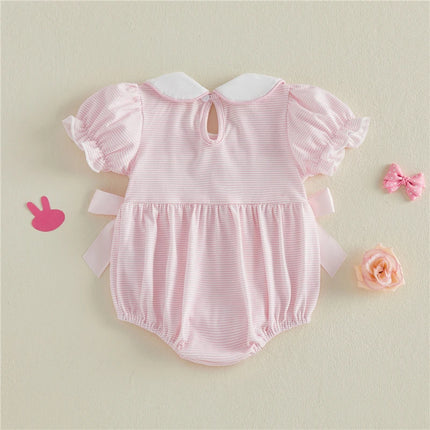 Baby Girls Easter Striped Romper Cute Bunny Embroidery Doll Collar Short Sleeve Jumpsuit Newborn Baby Girls Romper Clothes