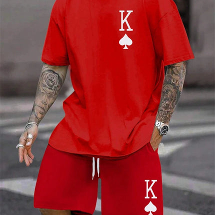New Men's Short Sleeve Shorts Set Fashion King Printed T-Shirt Shorts 2 Sets of Casual Round Neck Jumper Breathable Sportswear