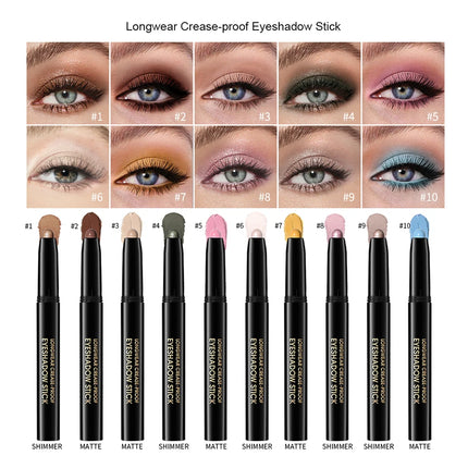 Waterproof 10 Colors Crease-proof Eyeshadow Pencil Stick Lasting Glitter Shimmer Matte Eye Shadow Highlighter Pen Eyes Makeup