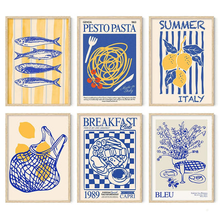 La Dolce Vita Kitchen Prints Retro Italian Foodie Art Poster Coastal Decor Blue & Yellow Gallery Wall Canvas Painting