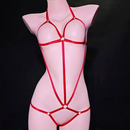 Super sexy alternative strap style jumpsuit, provocative women's extreme hollow out bikini, thin strap tied hip revealing rope g