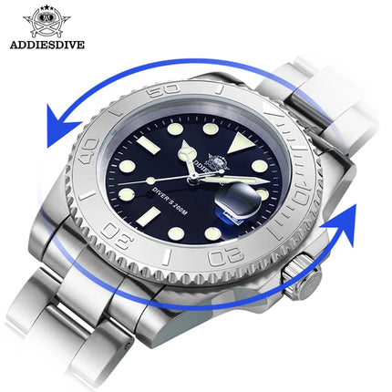 ADDIESDIVE Men's Quartz Watch 200m Waterproof Ceramic Bezel Steel Watch Magnifying Mirror Glass BGW9 Blue Luminous Diving Watch
