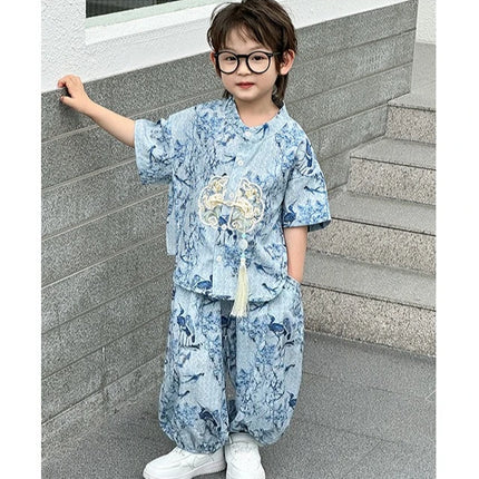 Short Sleeve Tops Shorts 2 Piece Set Boy Outfit Casual Kids Clothes Baby Tang Hanfu Suit Boys Costume Children's Sets Summer