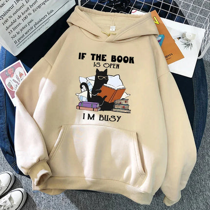 If The Book Is Open I'm Busy Black Cat Hoody Women Casual Crewneck Hoodies Fashion Loose Clothes Fleece Pullover Sweatshirt